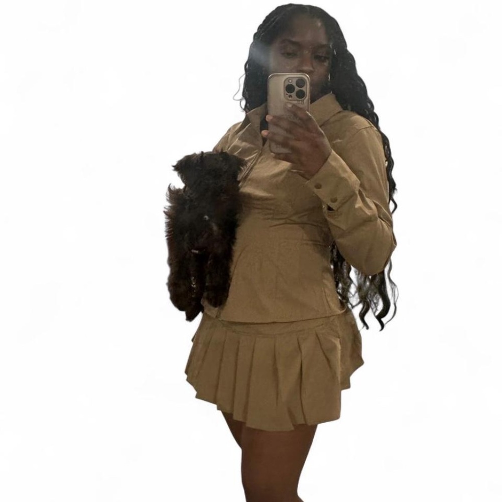 Prettylittlething brown zip-up jacket and pleated skirt set